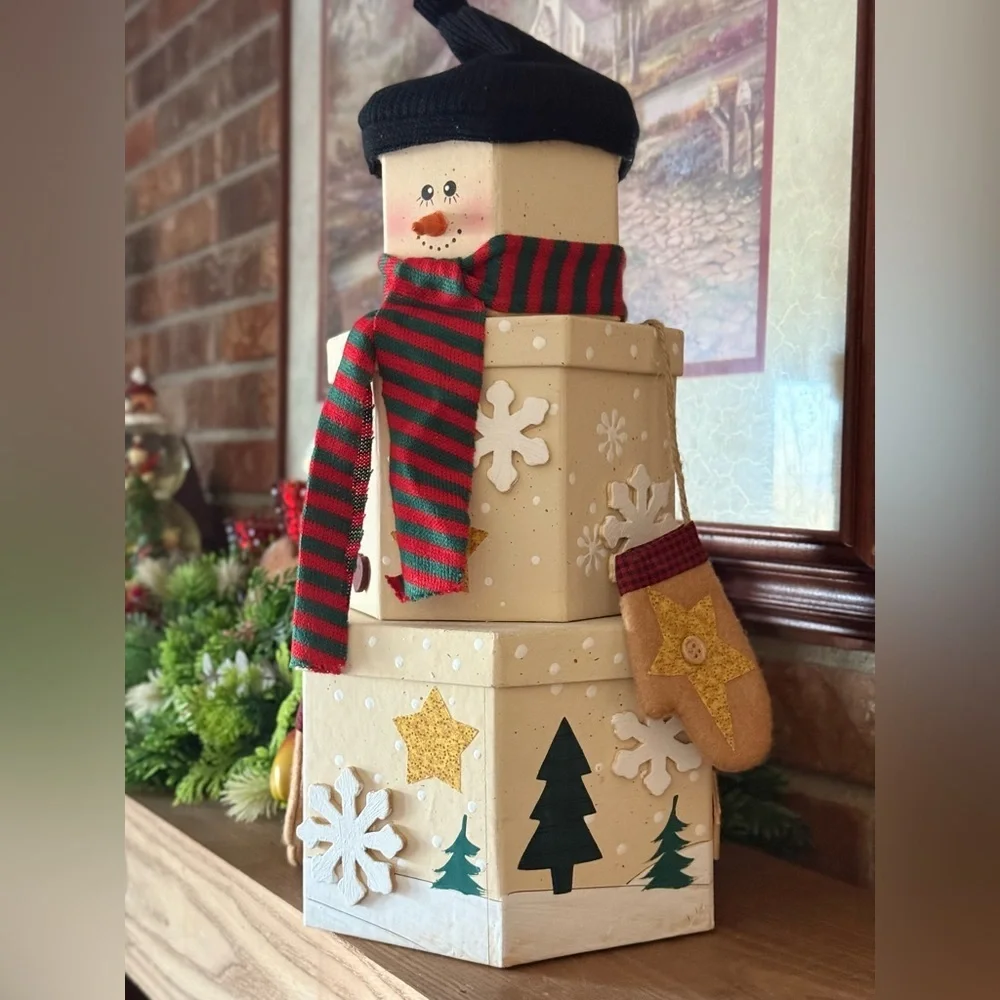 Handcrafted Cream Snowman Stack Holiday Decor with Red & Green Scarf